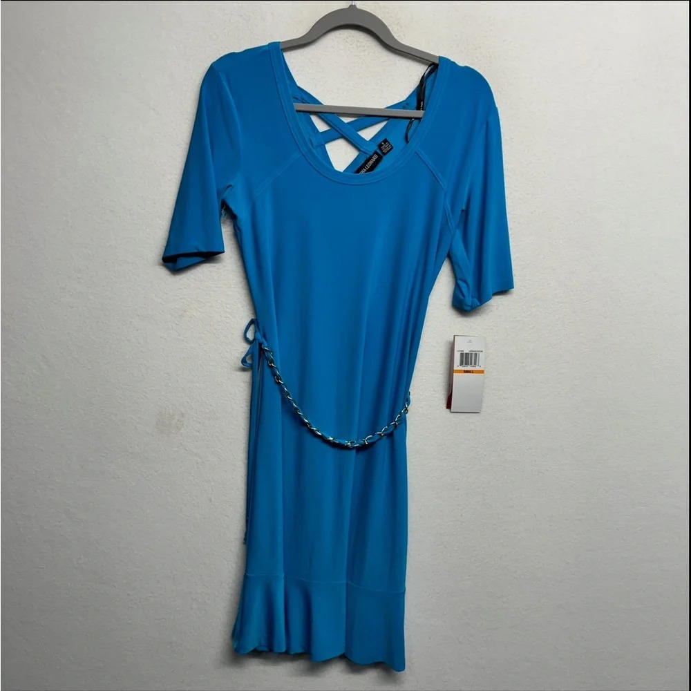 NWT‎ Nina Leonard Midi Dress Flounce Hem Chain Tie Belt S Blue